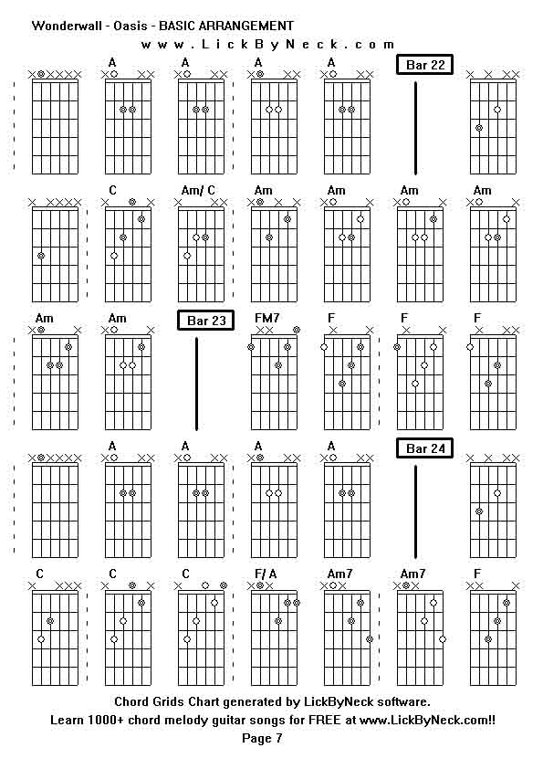 Chord Grids Chart of chord melody fingerstyle guitar song-Wonderwall - Oasis - BASIC ARRANGEMENT,generated by LickByNeck software.